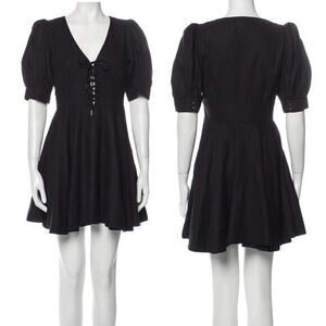 House of Harlow 1960 Black Linen Blend Lace-Up Bodice Peasant Mini Dress Size 6
